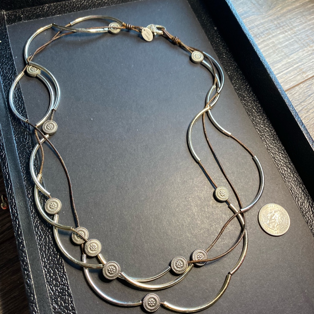 Lizzy James Necklace With Silver Tone Beading And Design On Brown Leather Chain.